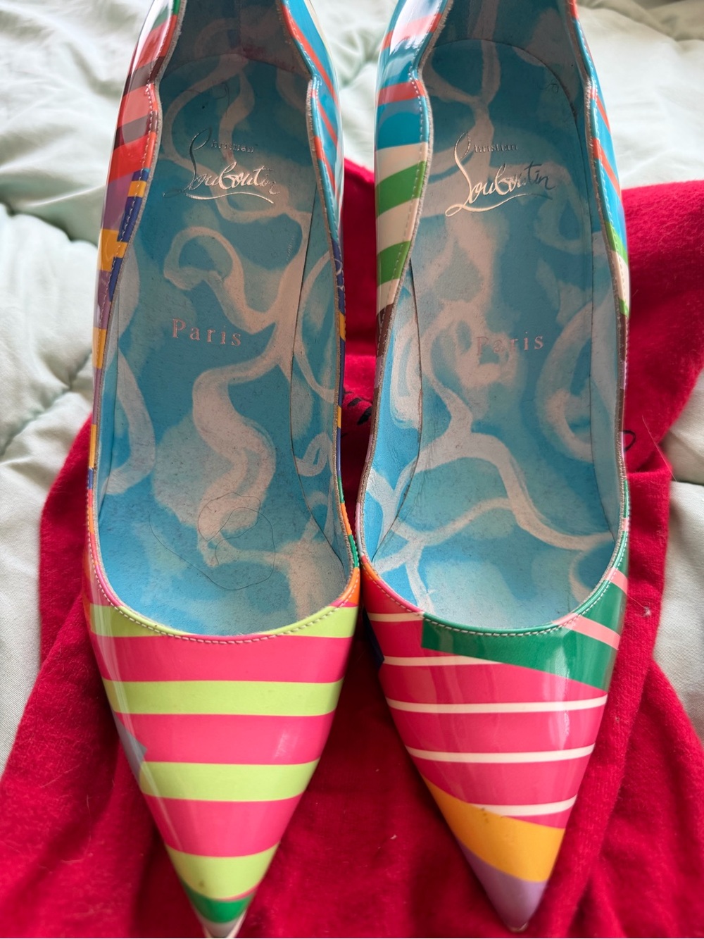 Christian Louboutin Neon Striped Pointed Toe Patent Pumps - Picture 1 of 4